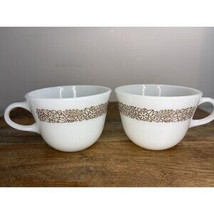 PYREX WOODLAND BROWN Milk Glass Coffee/Tea Cups-SET OF 2 EUC Vintage